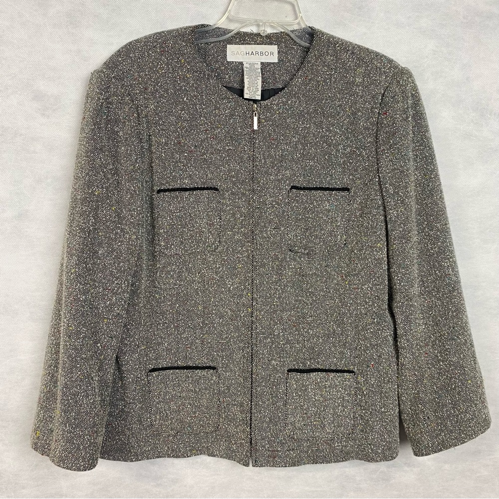 Vtg Sag Harbor Jacket Womens Size 14 Blazer Gray Multicolor Tweed Career Zip up